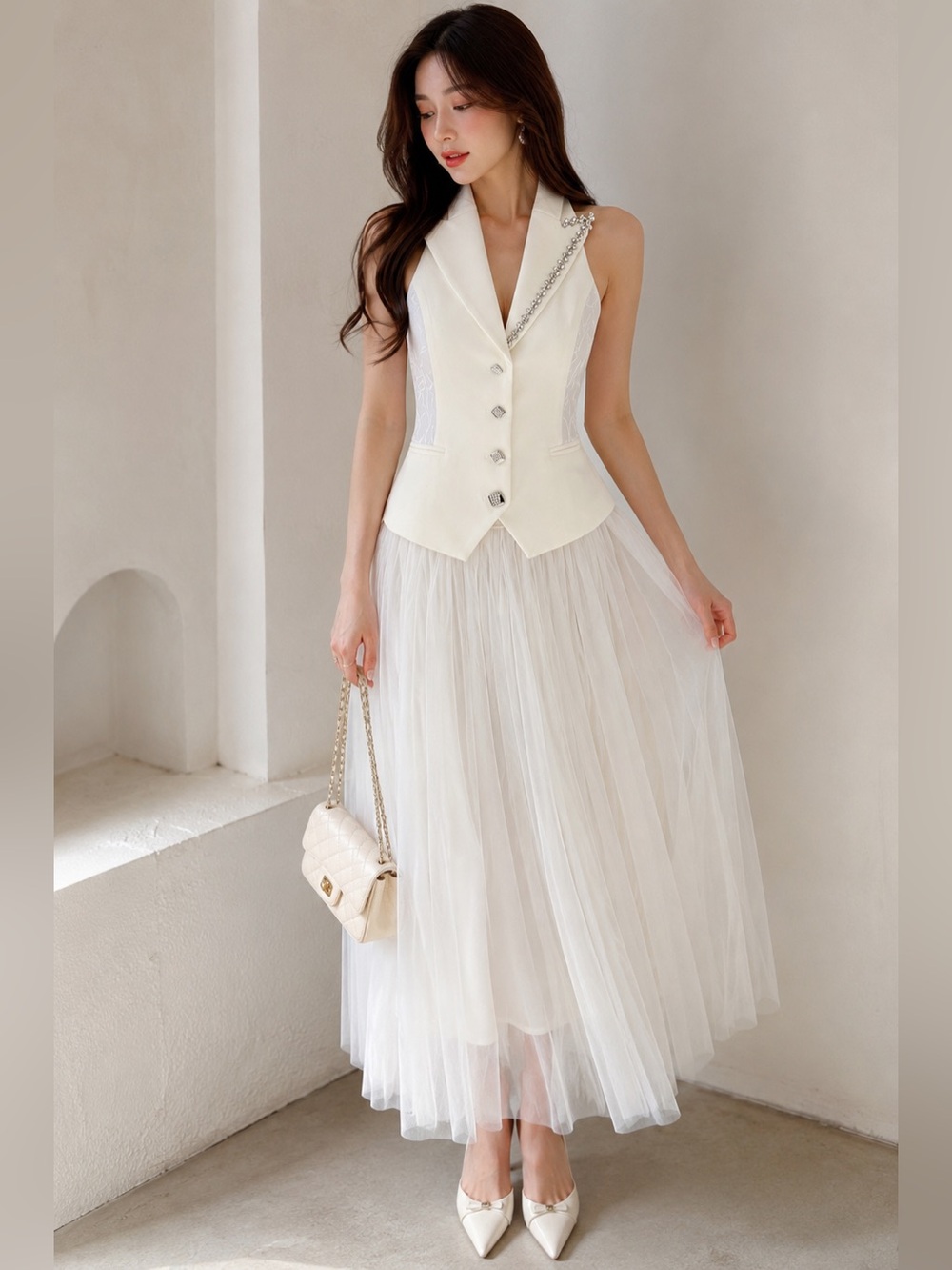 Elizabethan White Tulle Midi Skirt & Crystal Vest Set NWT Size S